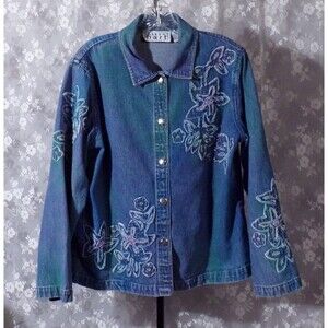 Vintage 80s Denim Jacket 1980s Floral Tie Dye Boho Artsy Size Medium
